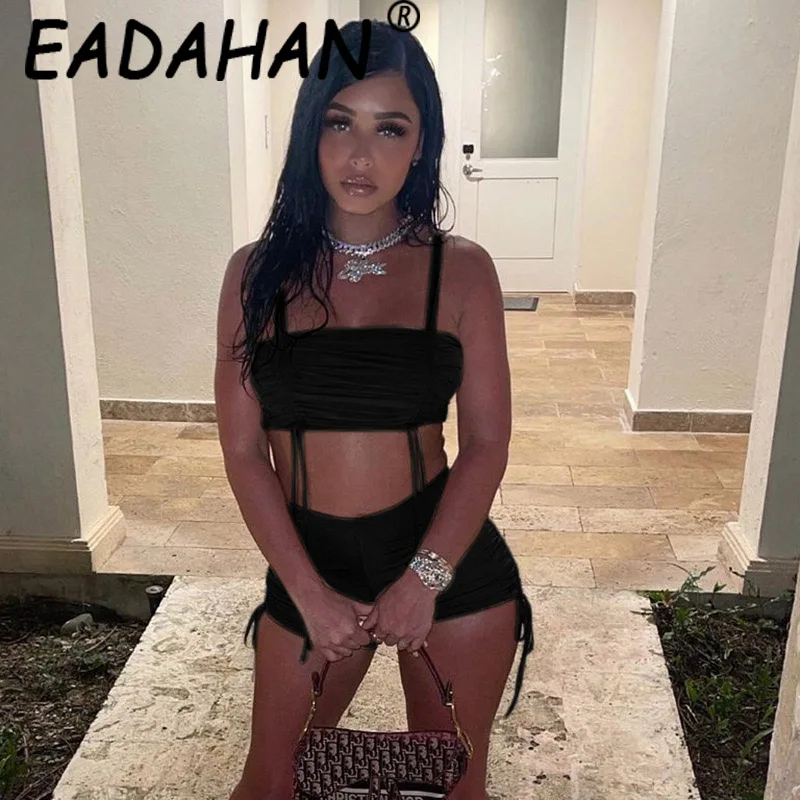 

Eadahan 2021, Модный женский летний сезон, новый стиль, однотонная Сексуальная футболка с завязками, повседневный костюм с шортами