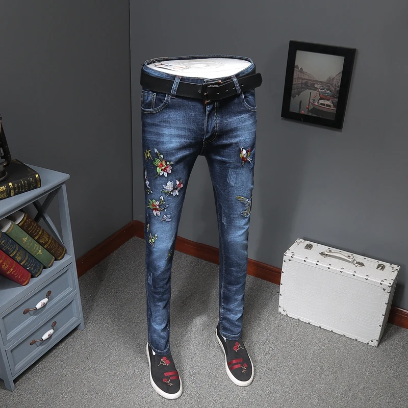 Джинсы-Джоггеры мужские Стрейчевые с вышивкой птиц модные облегающие хлопковые