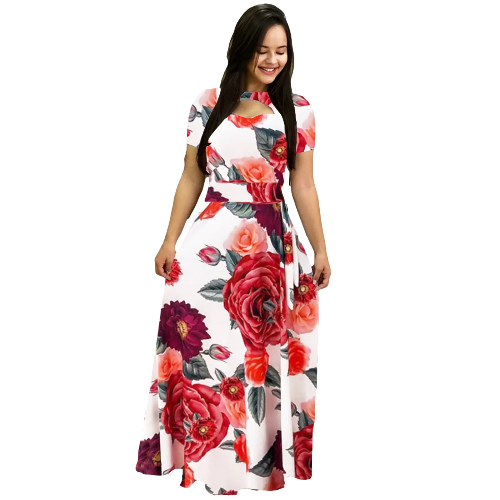 

Sagace 2021 New Summer Dress Women Fashion Comfy Sexy Hollow Out Printing Short Sleeve Floor-length Dress