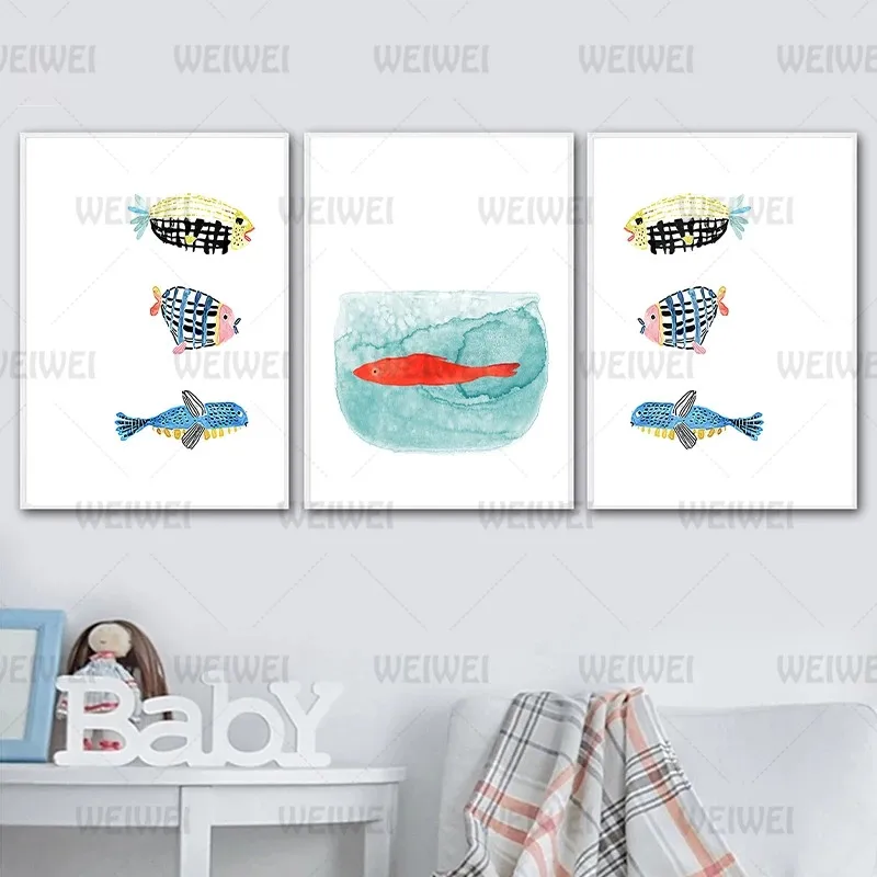 

Watercolor Painting Canvas Cartoon Fish Posters and Prints for Home Design Nordic Minimaliste Wall Art Pictures Frameless