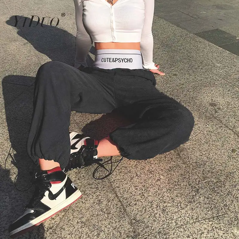 

YiDuo High Waist Letter Print Pants Streetwear Women Casual Autumn Winter Pink Corduroy Pants Black Cool Sweatpants Trousers New