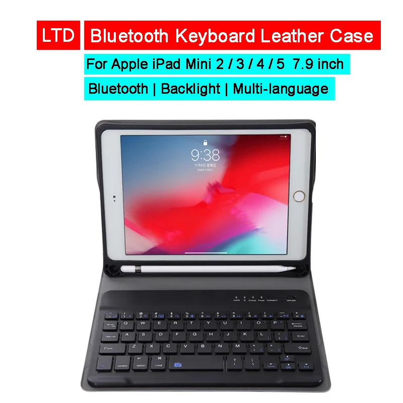 Кожаный чехол с Bluetooth клавиатурой для iPad Mini 2 3 4 5 7 9 дюймов русская Арабская иврит