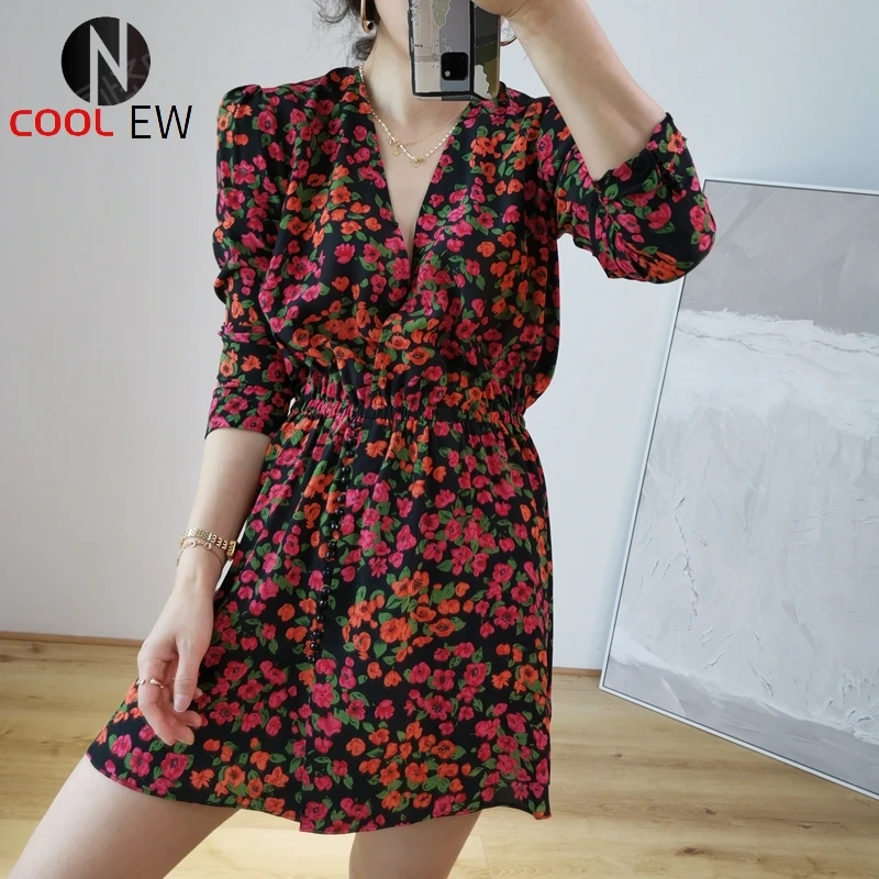 

Elfbop Ladies Floral Wrap V Neckline Short Dress With Long Sleeve & Buttoned Detail
