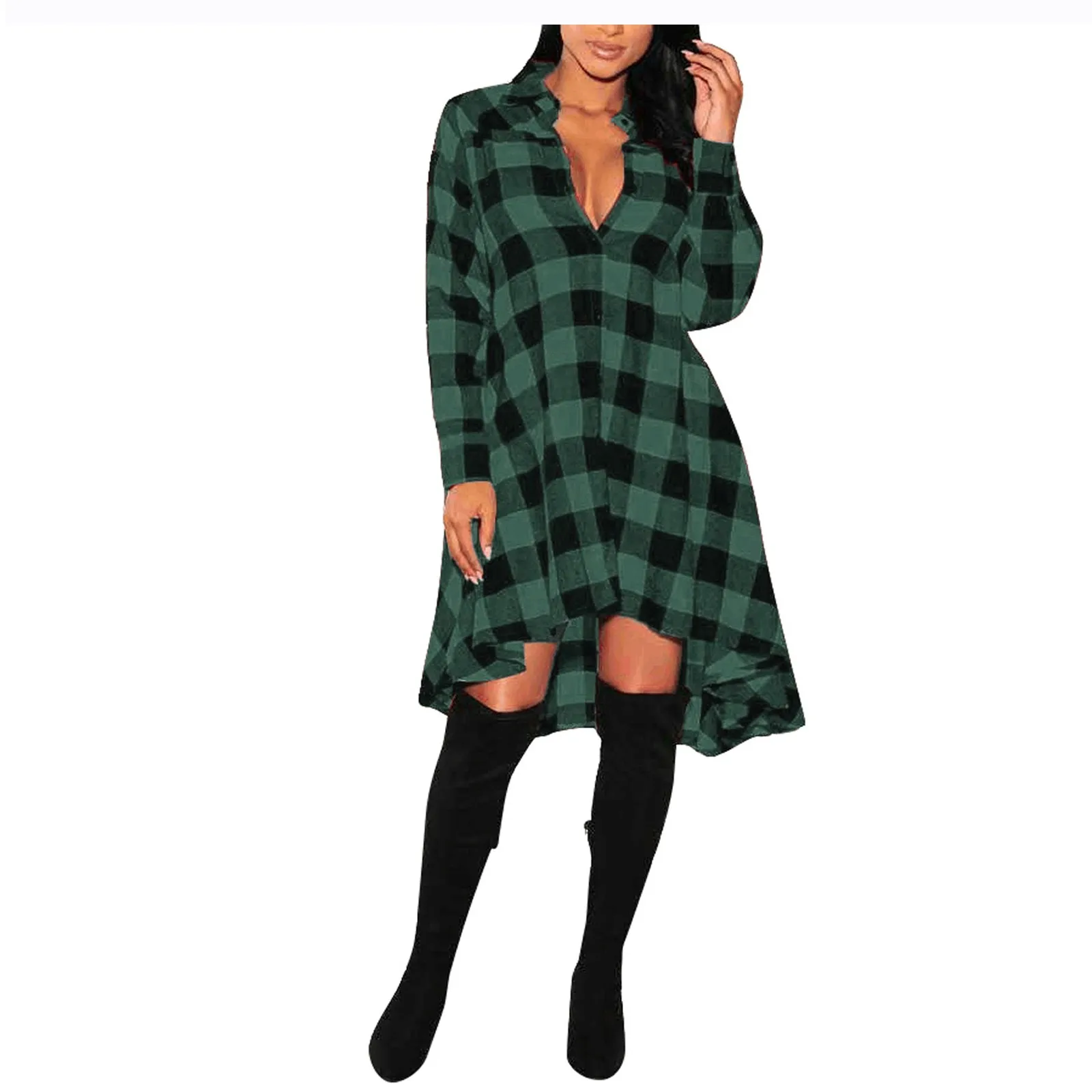 

Woman Dress Spring Fashion Mid-length Long-sleeved Casual Plaid Shirt Loose Skirts Irregular Dresses Winter Long-sleeve 2020