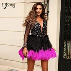 Роскошные Короткие коктейльные платья с перьями, блестящее цветное мини-платье с кристаллами и бусинами для официального мероприятия, вечерние, платья с длинными рукавами