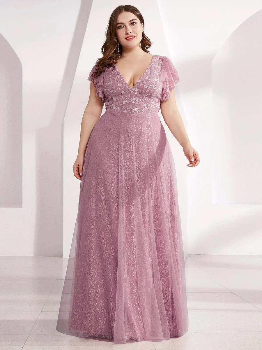 

Plus Size Double V Neck Lace Evening Dresses with Ruffle Sleeves Long A-line Lace Chiffon Orchid Winter Wedding Guest Dresse