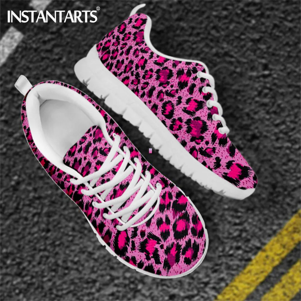

INSTANTARTS New Sneaker Flats Women Shoes Pink Pink Cheetah Leopard Pattern Lace Up Outdoor Walking Shoes Sapatos Feminino Mujer