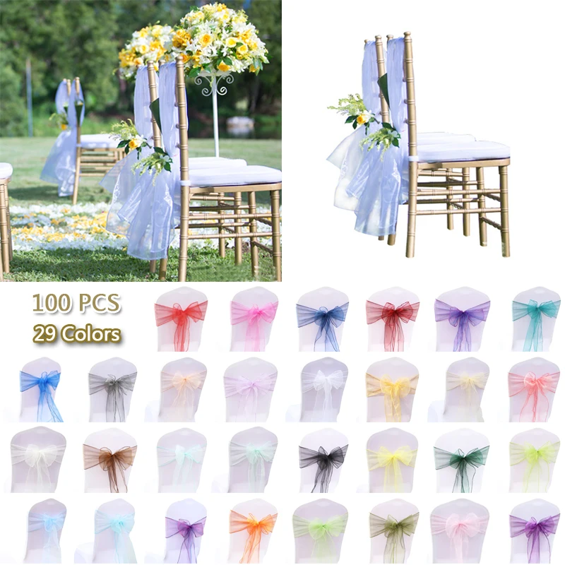 

Organza Chair Sashes 50/100PCS Chair Bows Sashes Tie Back Decorative Item Cover ups For Wedding Banquets Chairs Decoration