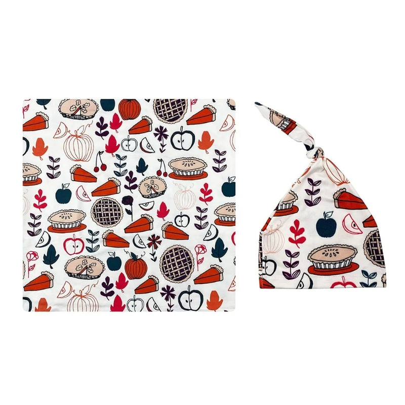 

2 Pcs Newborn Printing Receiving Blanket+Beanie Hat Set Baby Swaddle Wrap Cap H055