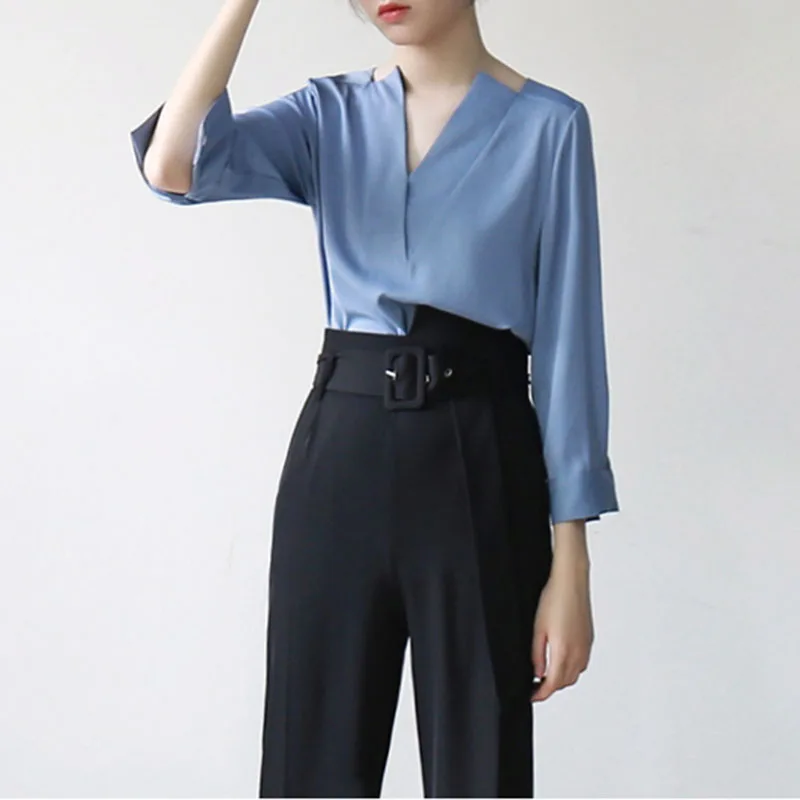 HG V шеи Блузка женская темно-синяя семь четвертей рукав Мода Простой Досуг