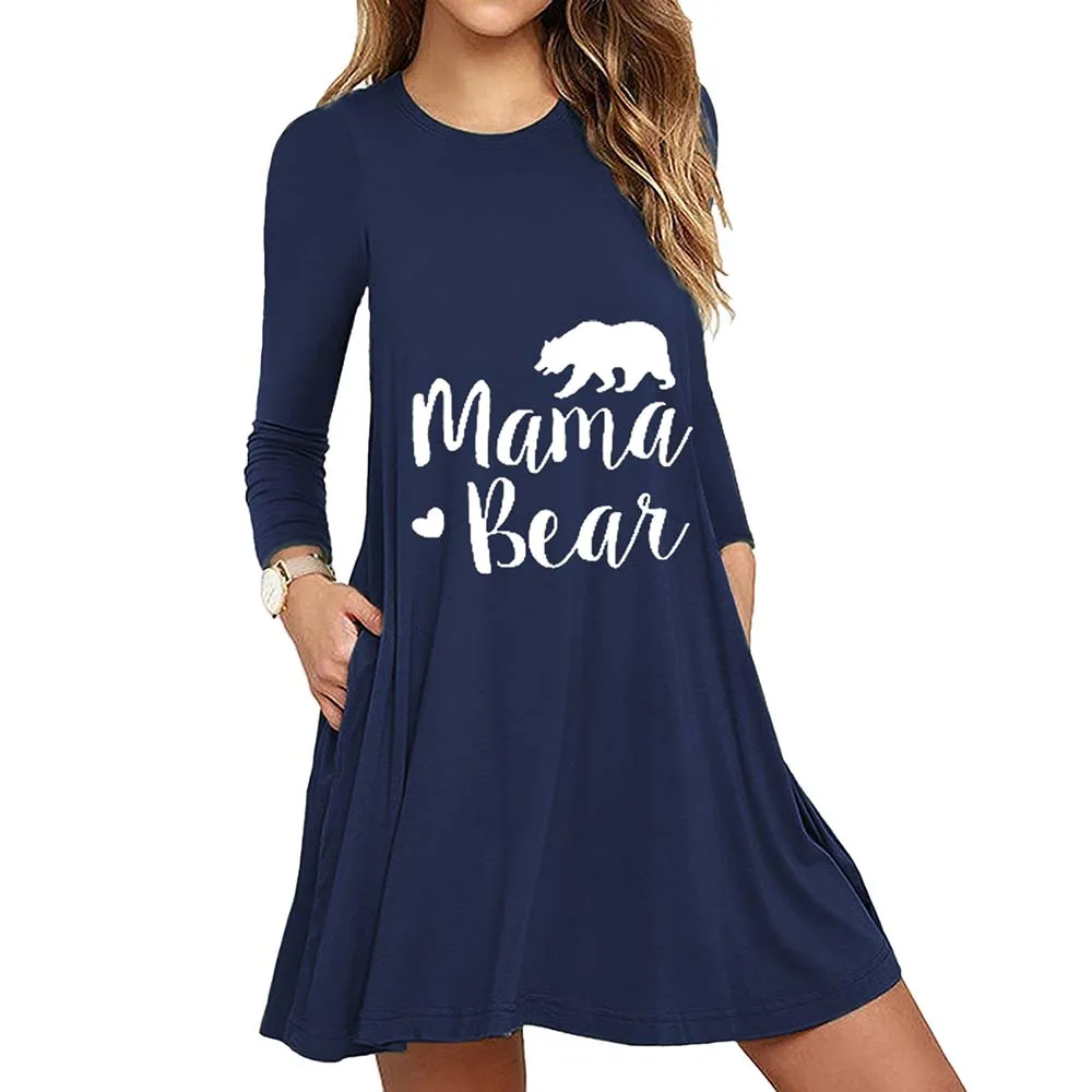 

VICABO Bear Printed Fashion Hot Women Dress Long Sleeve Round Collar Casual Clothing Pockets Pleated Ladies Mini Dress Oversize