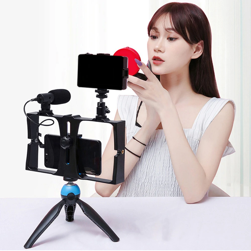 

Puluz Smartphone Video Rig Kit Live Broadcast Video Recording Vlog Phone Cage Stabilizer With Fill Light Mic Tripod Microphone