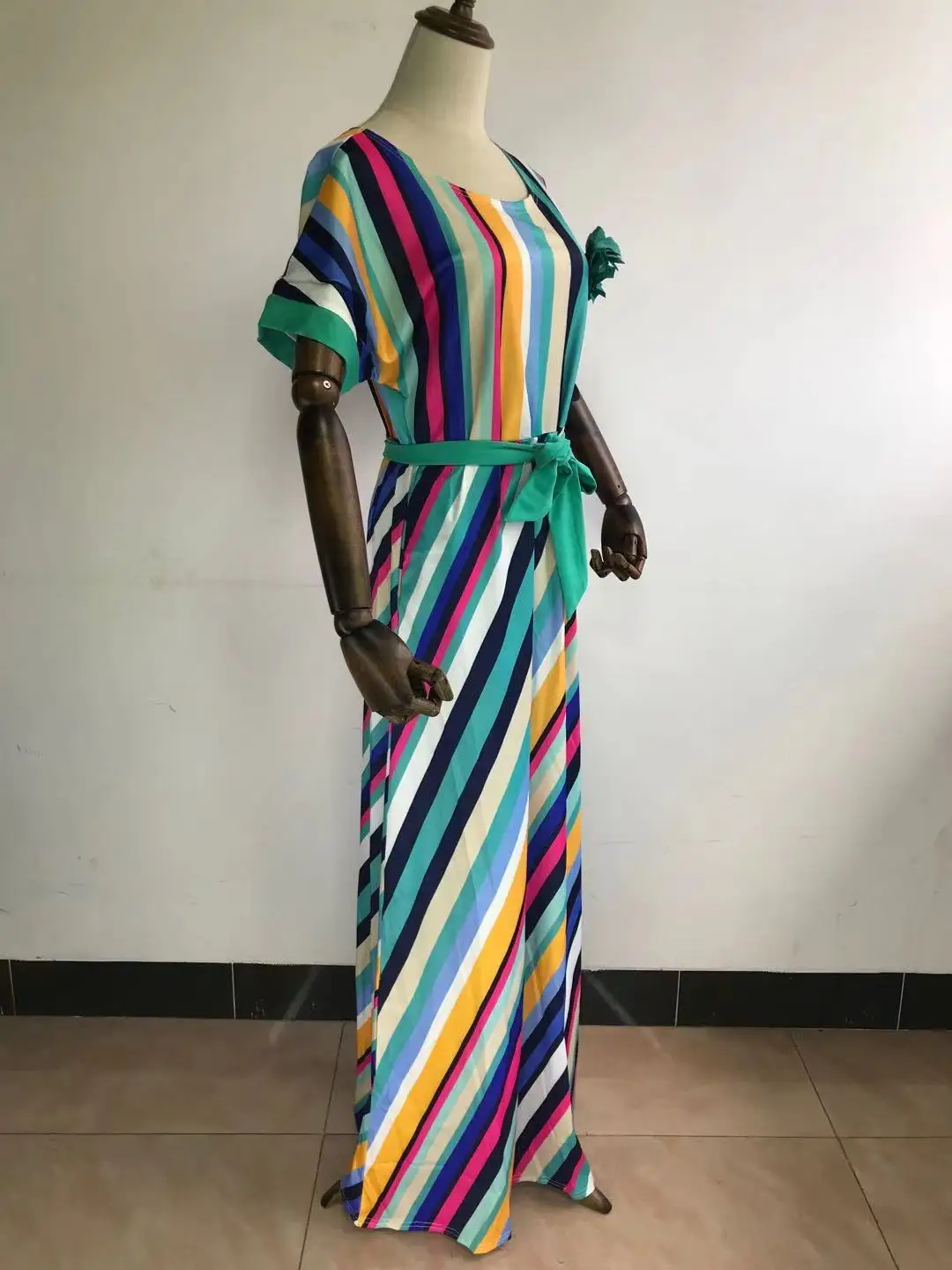 

New Style African Women Clothing Dashiki Fashion Stripe Print Classic Cloth Brooch And Belt Size L XL