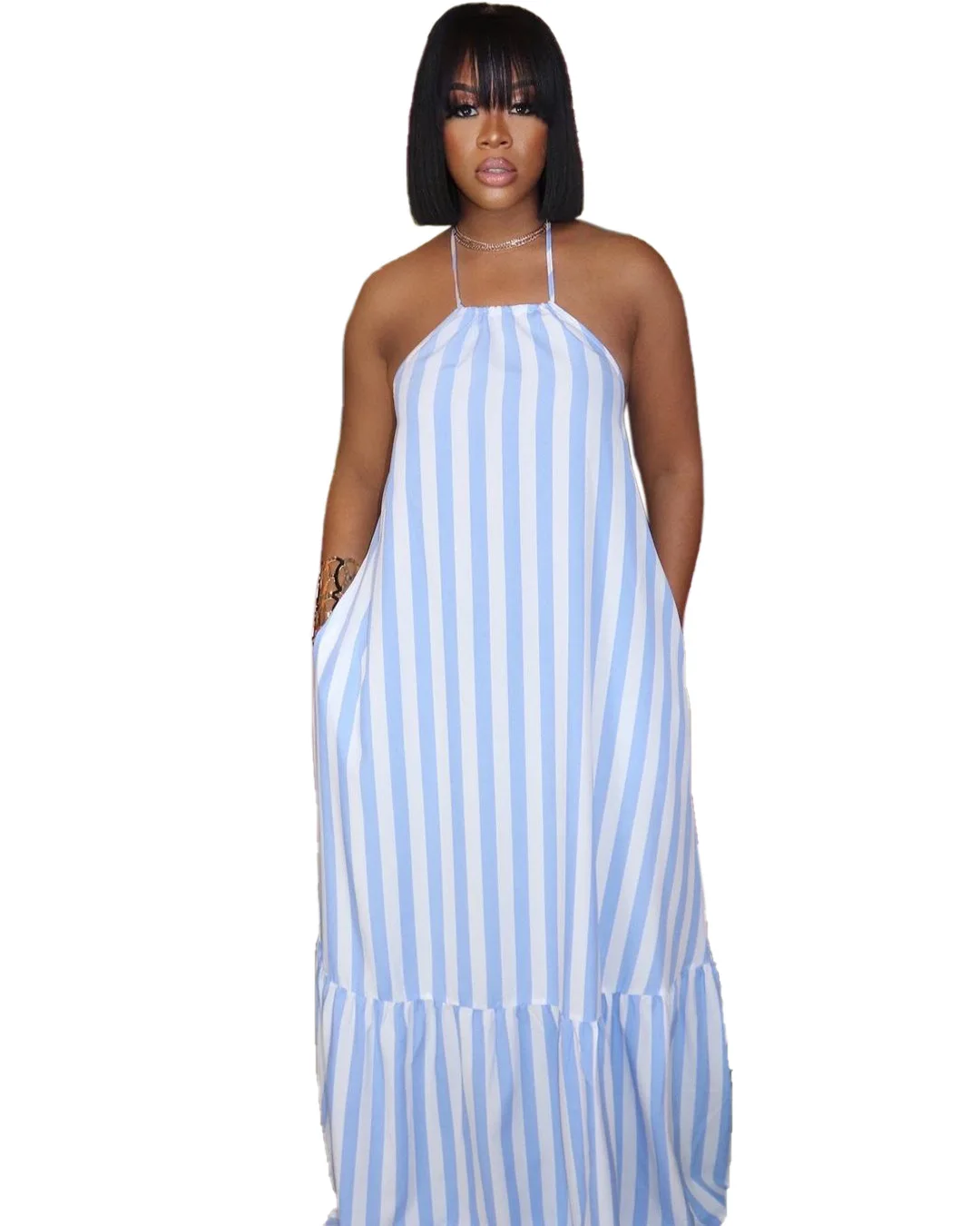 

Платье-макси в полоску, с лямкой на шее