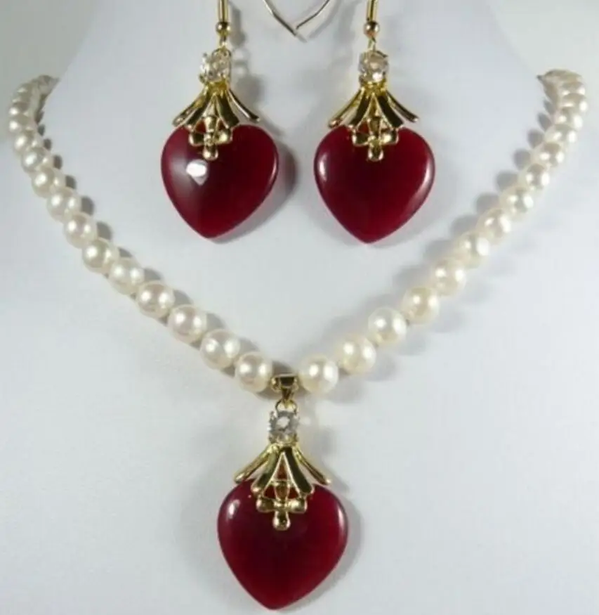 

Free shipping charm 7-8mm white pearl necklace 17" red heart jade earring pendant