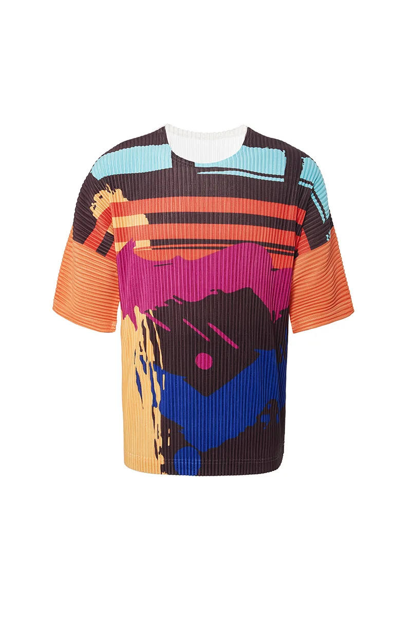 Changpleat New Men Miyak Pleated graphic t shirts Tops Fashion Printed O-neck Short Sleeve Female T-shirt Tide