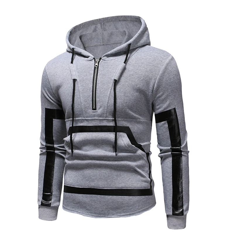 

2022 New Spring Fashion Patchwork With PU Hoodies Coat Long Sleeve Casual Hoodie Chest Zipper Design Big Pocket Tops Hoodies Man