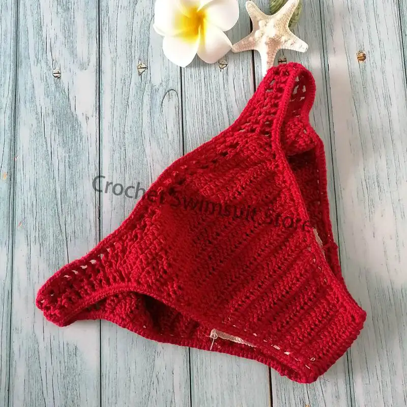 Женский сексуальный вязаный купальник бикини Boho Thong купальник ручной работы трикотажные шорты - Цвет: wine red