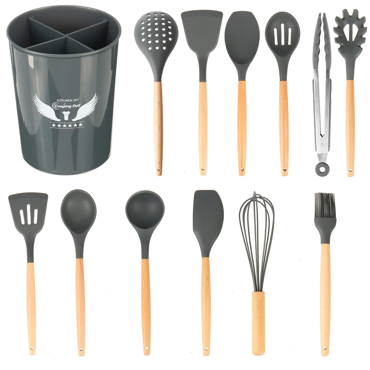 

12PCS Silicone Cooking Utensil Set Non-stick Spatula Shovel Wooden Handle Silicone Kitchen Cooking Utensils Set with Storage Box