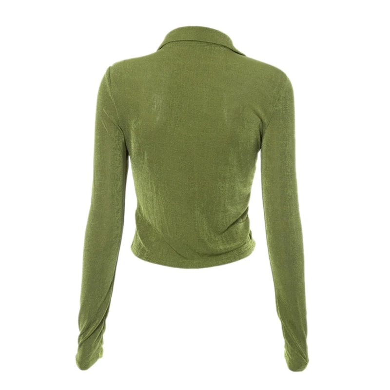 

Fashion Women Long Sleeve Button Up Color Shirt Crop Top Basic Slim Fashion Ladies Ruched Woman Shirt
