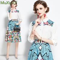 womens summer two pieces clothing set 2021 new office lady graceful print half sleeve polo collar shirt high waist skirts suit