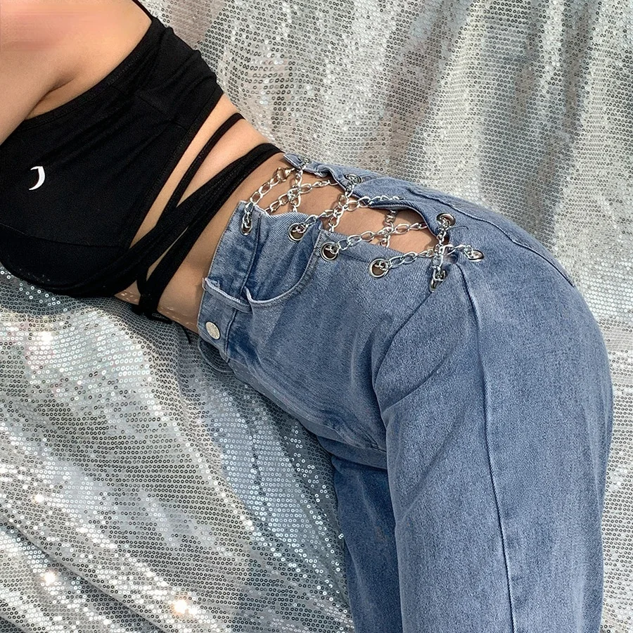 

harajuku high waist hollow out Chain design Slim jeans woman leisure streetwear Commute high quality strgight pants mujer