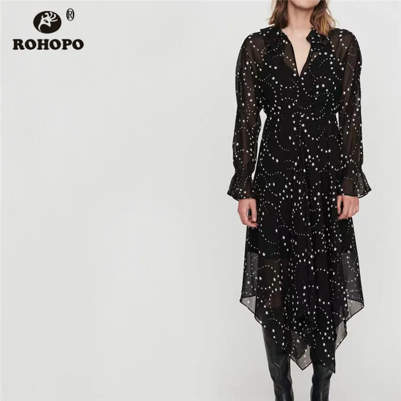 ROHOPO/черное платье миди с принтом звезд v образный вырез длинный рукав градиентное