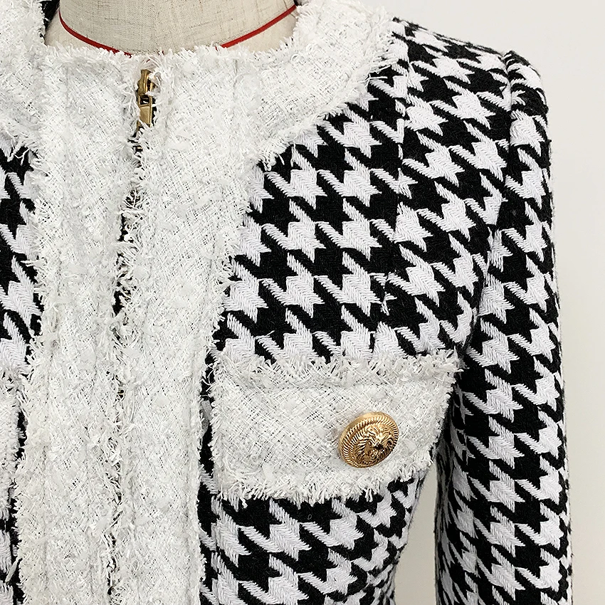 

LIBIELIY Popest Nice Autumn Winter Baroque Designer Jacket Women's Color Block Zip Houndstooth Fringed Tweed Jacket OverCoat
