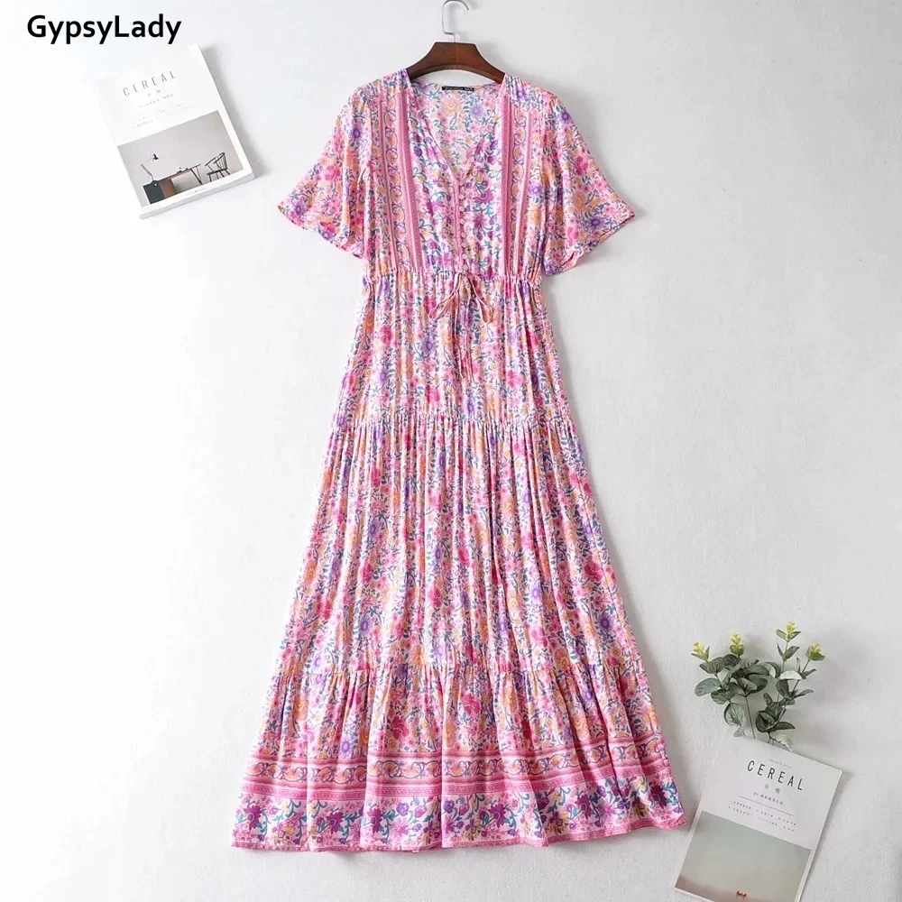 

GypsyLady Pink Floral Midi Women Dress Boho Vintage Summer Holiday Dress Ruffles Flare Sleeve Button Front Female Long Dress New