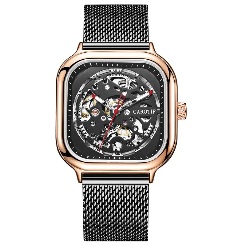 

CAROTIF Casual Automatic Mechanical Men Watch Hollow Out Through The Bottom Personality Waterproof Square Large Dial Man Wrist