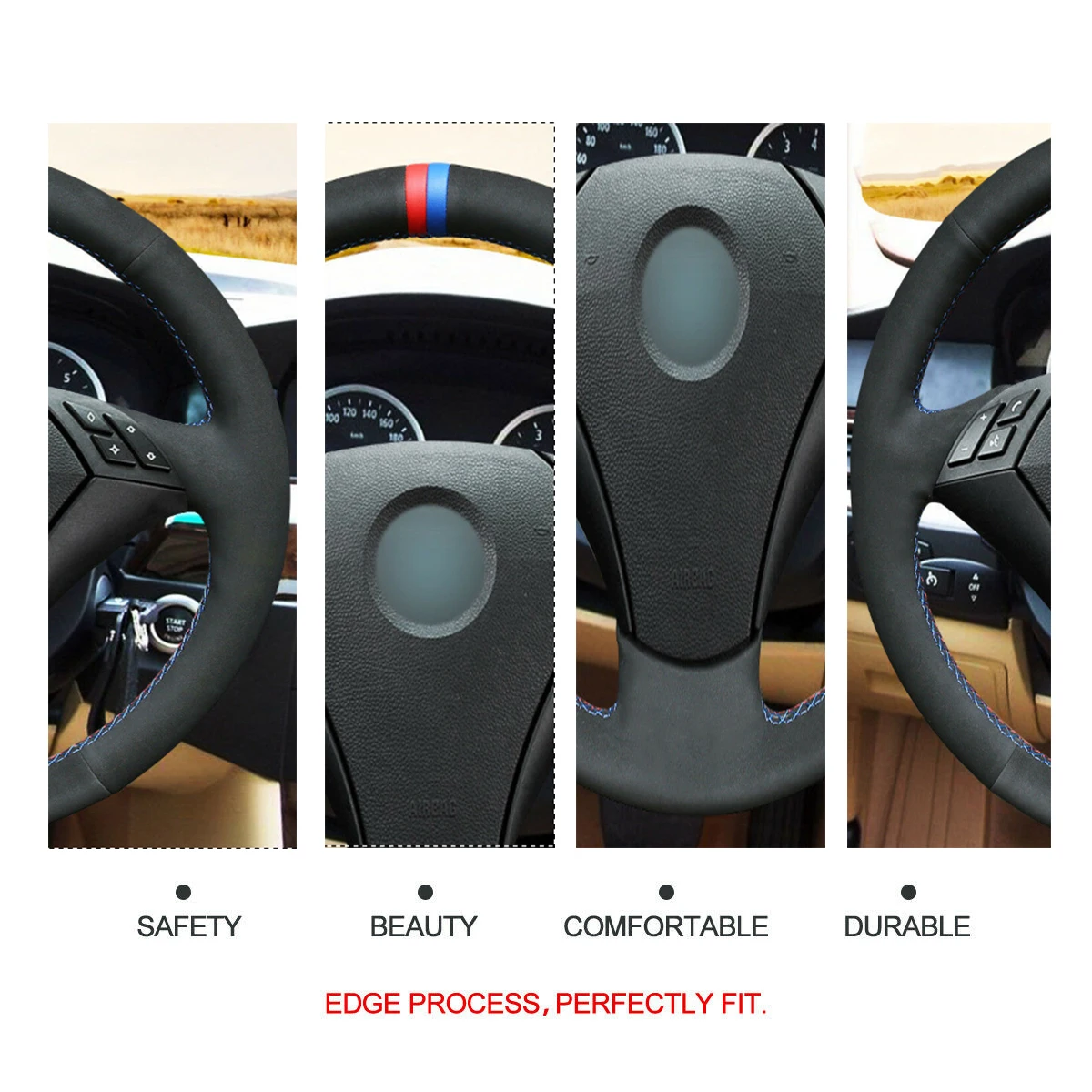 

Hand Stitch Black Suede Car Steering Wheel Cover for BMW 5 Series E60 E61 2004-2010