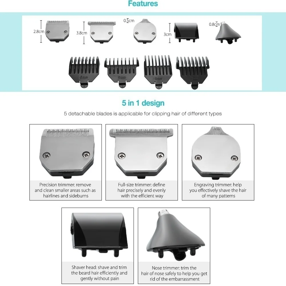 Kemei 5 в 1 триммер для носа бороды ушей волос машинка стрижки бритва набор вакуумный