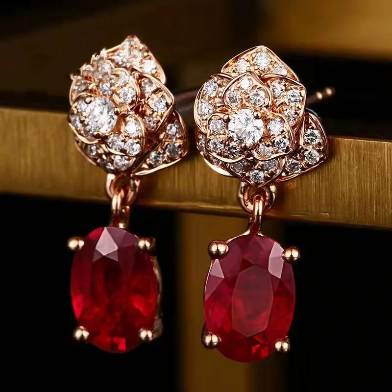 

Milan Girl Diamond Flower Earrings Fashion Temperament Red Zircon Water Drop Mid-length Earrings High-end Banquet Jewelry