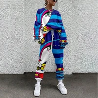 weiyao fashion sweater fabric women long sleeve elastic waist tracksuit pullovers o neck abstract print drawstring sweat suit