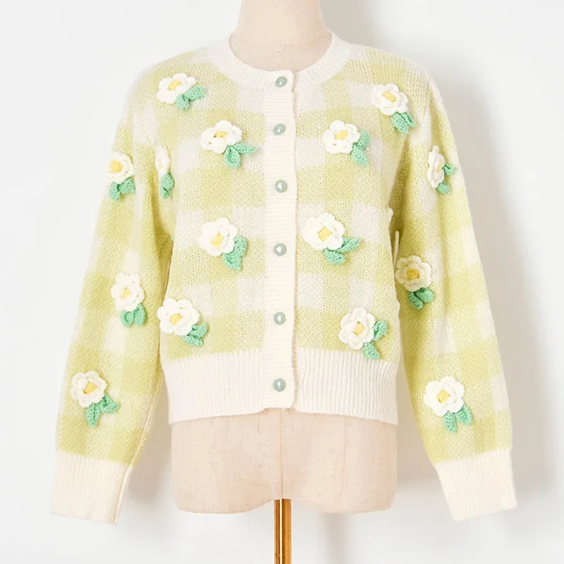 

KHALEE YOSE Elegant Plaid Knitted Sweater Cardigan Embroidery Vintage Chic Women Cardigan Jumpers Autumn Girls Woman Knitwear