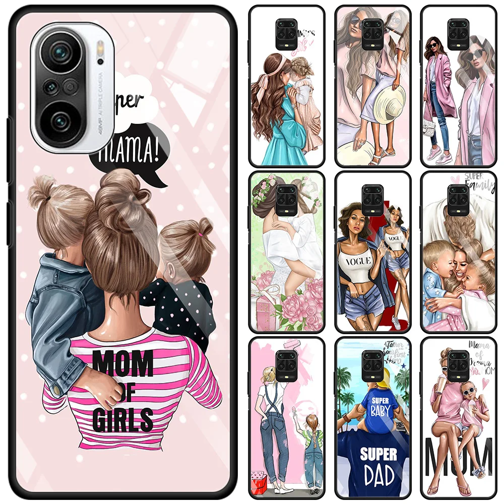 

Glass Case For Xiaomi Redmi Note 8 9 10 pro Max 9S 10S 8T 9T K40 K30 Pro 9C 9A Funda Black Brown Hair Baby Mom Girl Sup Dad
