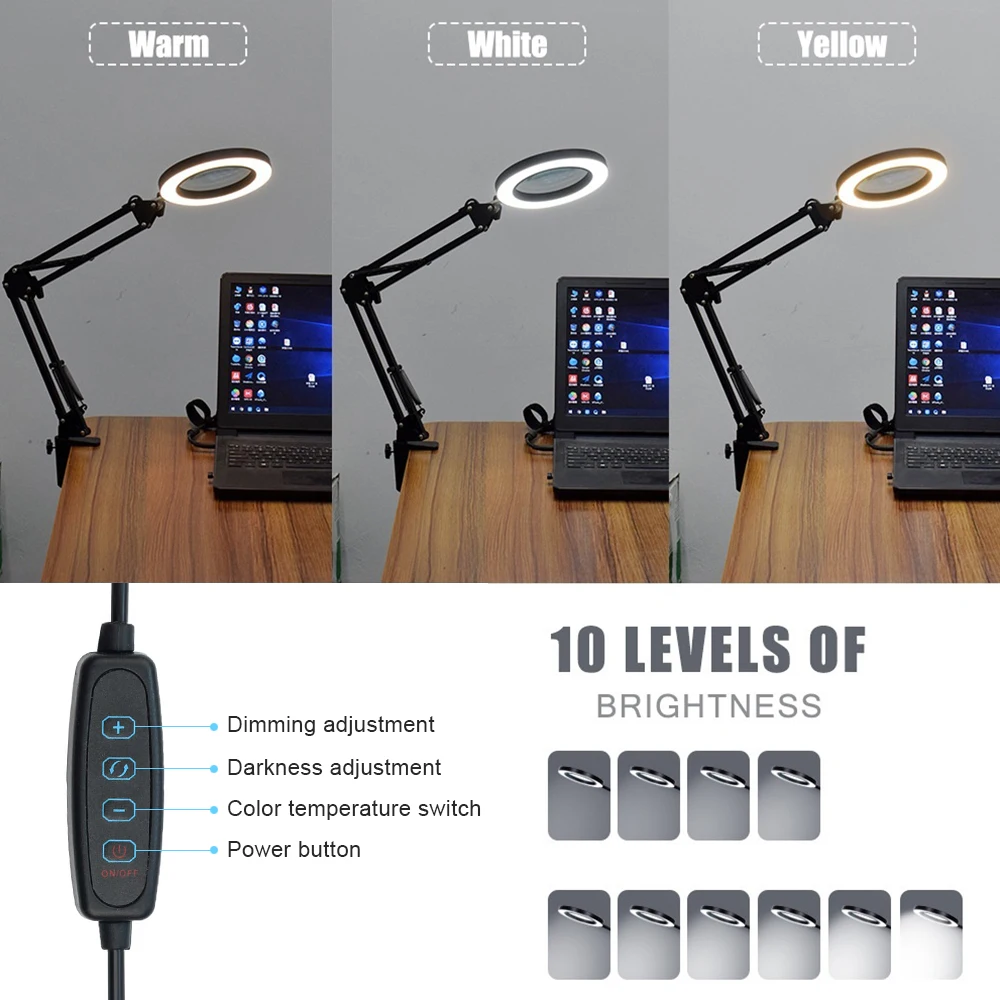 

Led Magnifier Lamp 5X Magnifying Glass Professional Desk Lamp Dimming Magnifier Light 3 Modes for Reading Office and Repair