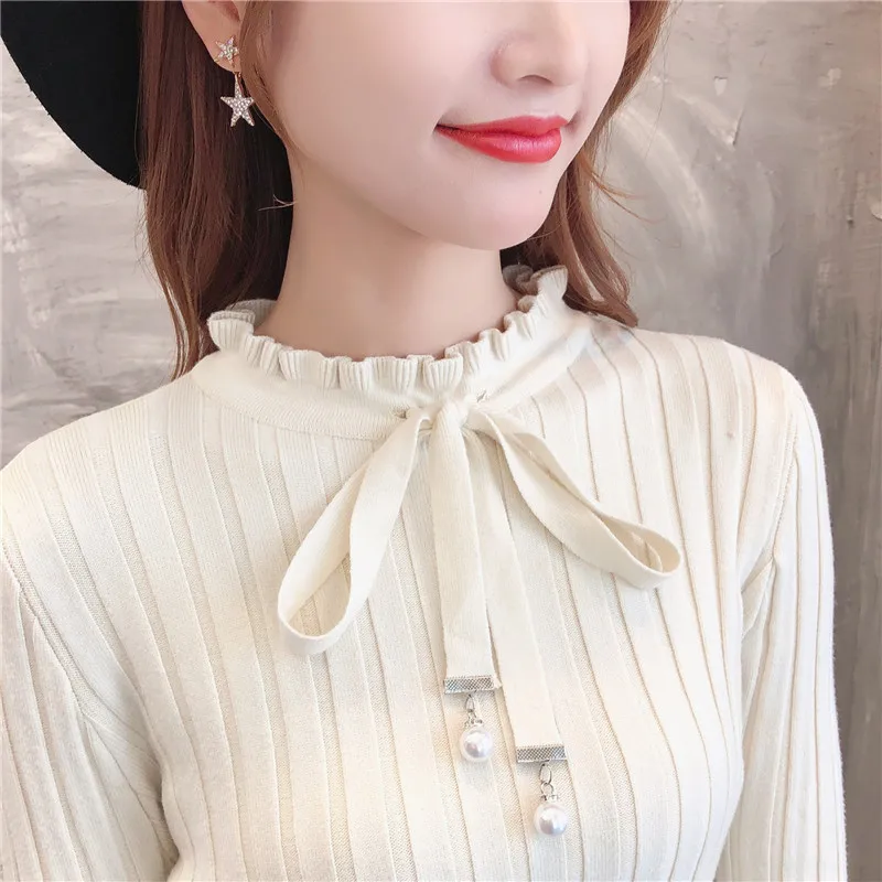 

2021 New Female Knitted Sweater Bowknot Ruffled Sweater Women Pullover Autumn Winter Turtleneck Vintage Slim Elasticity Knitwear