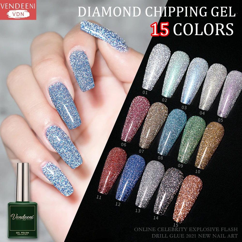 

Vendeeni 15 Colors Glitter Chips Diamond Nail Gel Polish Laser Sparkling UV LED Soak Off Gel Lacquer Nail Art Gel Varnish 15ml