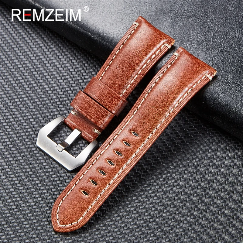 

REMZEIM Watch accessories Handmade Genuine leather watchband 20mm 22mm 24mm 26mm leather watch strap Silver buckle watch band