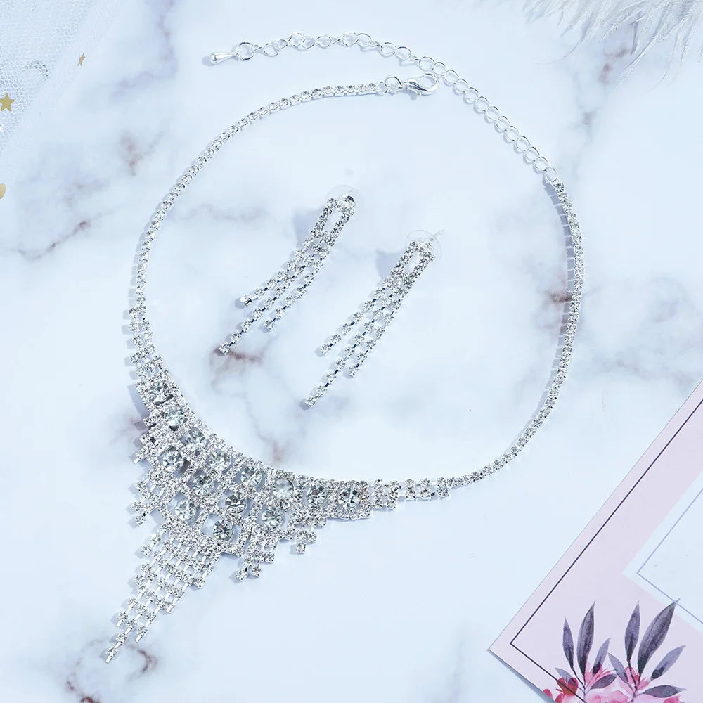 

Rhinestone Jewelry Sets For Women Tassel Earring Set Adjustable Necklace Set Bridal Wedding Prom Crystal Necklace Earrings Set