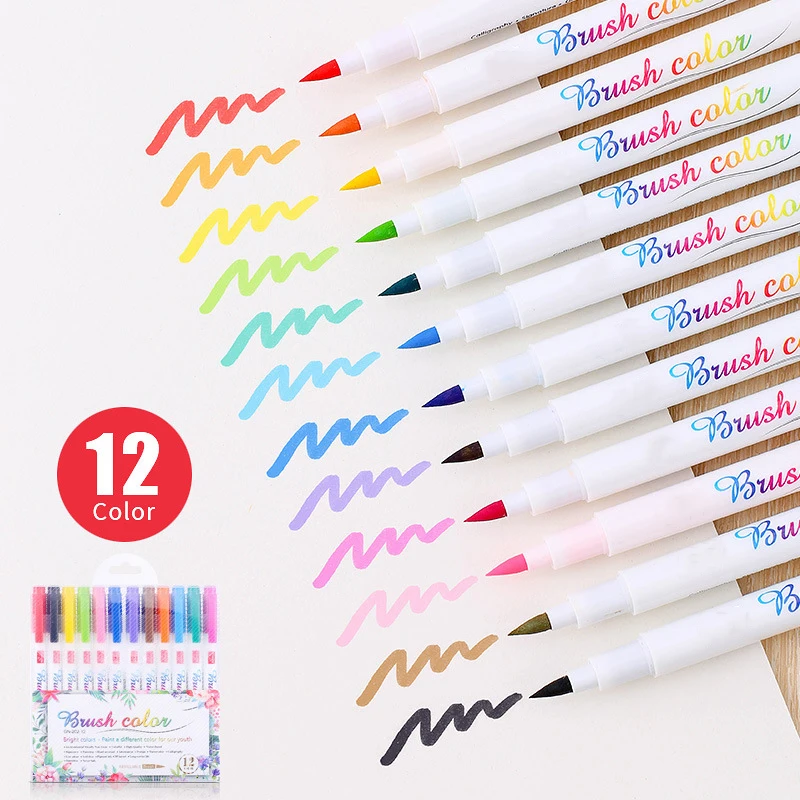 12 ярких цветов каллиграфический набор мягких ручек кистей фломастеры для