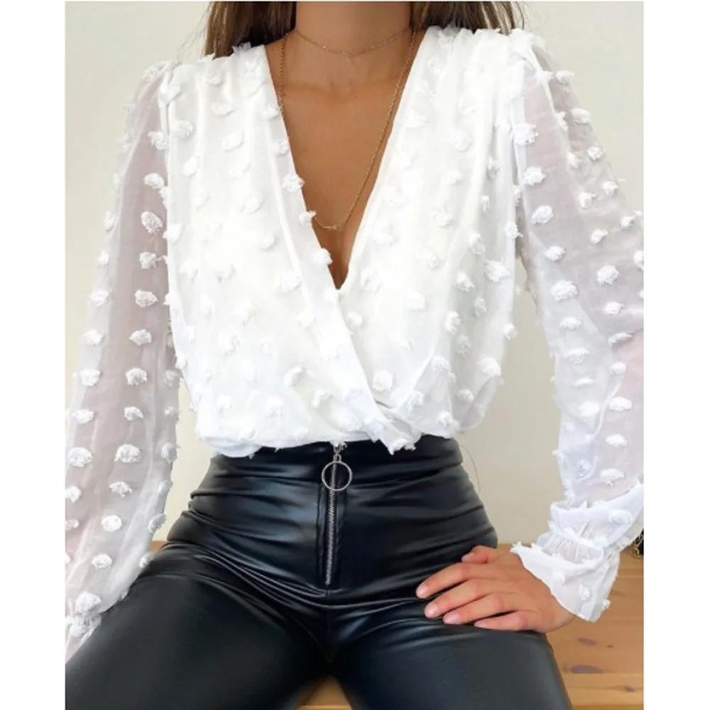 

Women Deep V Neck Top White Jacquard Fashion Shirt Female Long Sleeve Chic Shirt Sexy Polka Dot Solid Mesh Blouses Female