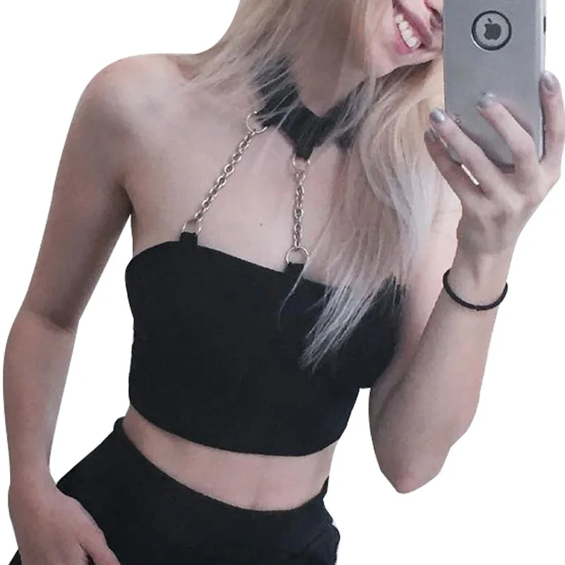 

Dark Black Gothic Punk Heart Pendant Halter Tanks Tops for Women's Crop Halter Slim Camis Top Sexy Choker Tank Tops