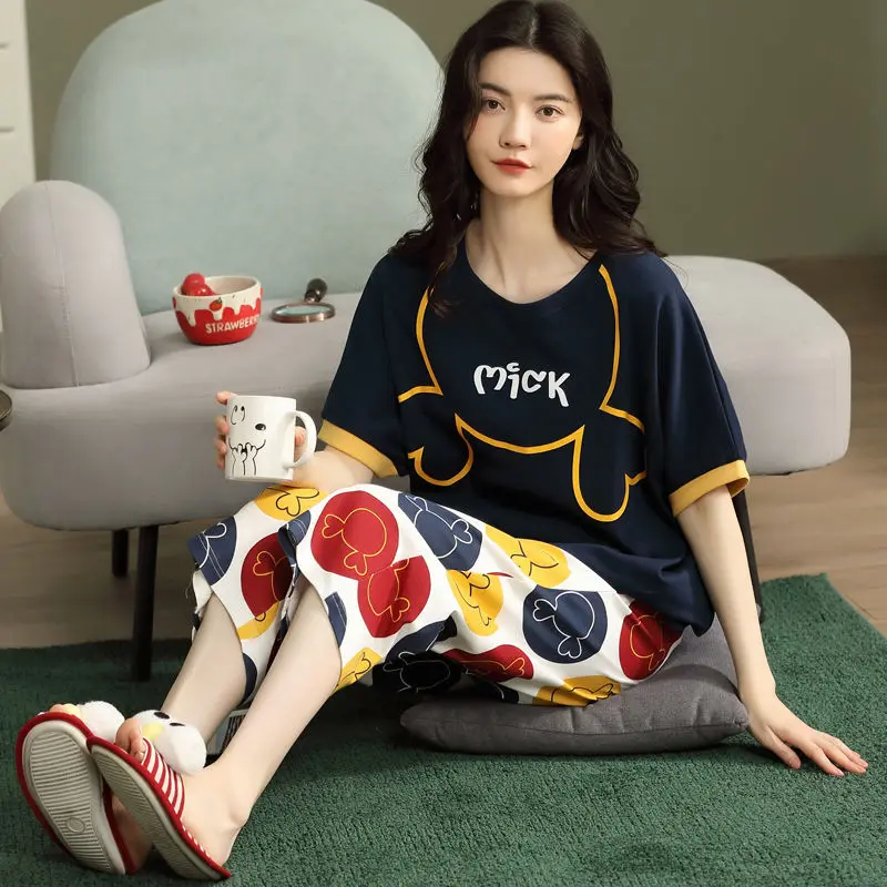 Pajamas Female Summer Short-sleeved Seven Pants Cotton Korean Version of The Casual CuteCartoonThinSectionOutsideWearHomeWearSet