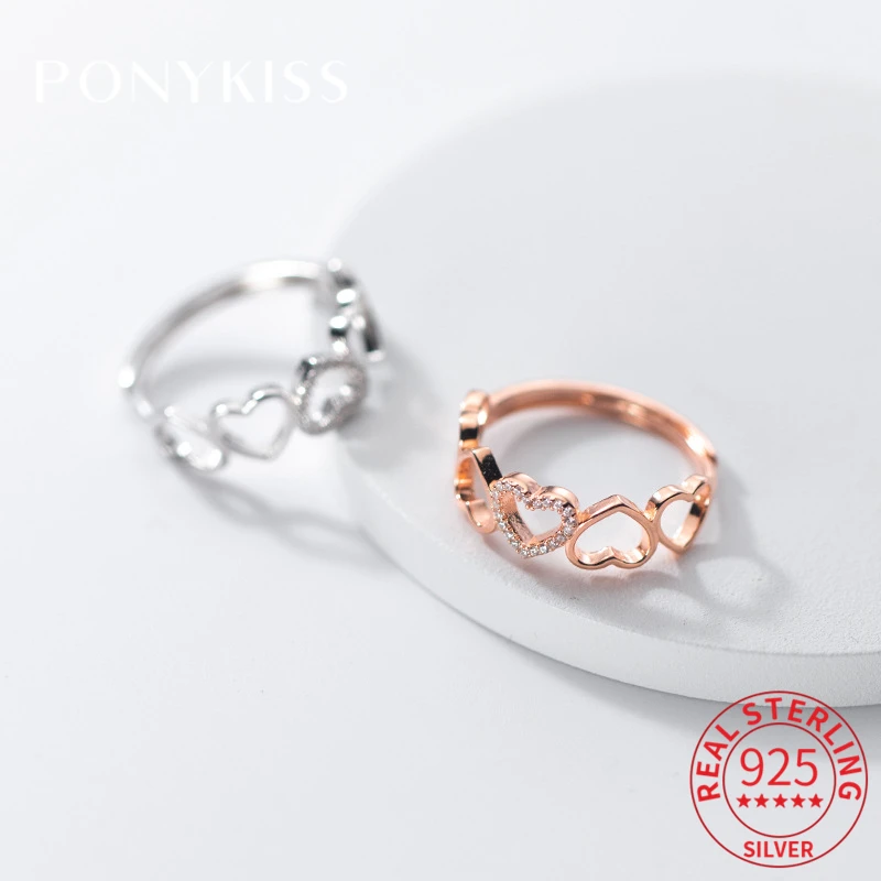 

PONYKISS Real 925 Sterling Silver Heart Zircon Adjustable Rings For Women Party Cute Fine Jewelry Chic Accessory Drop Shipping