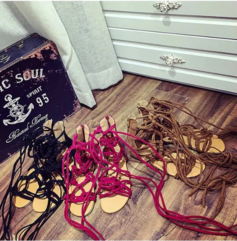 Летние женские сапоги до колена Сандалии-гладиаторы Обувь на плоской подошве со