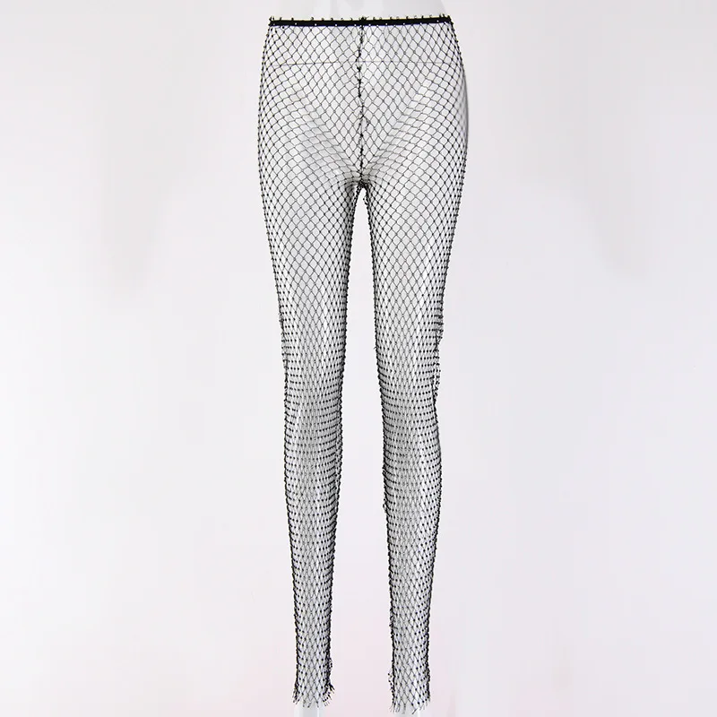 

Crystal Diamond Mesh Pants Women Sexy Summer Hollow Out Transparent Loose Long Fishnet Pants 2020 New BeachWear Trousers