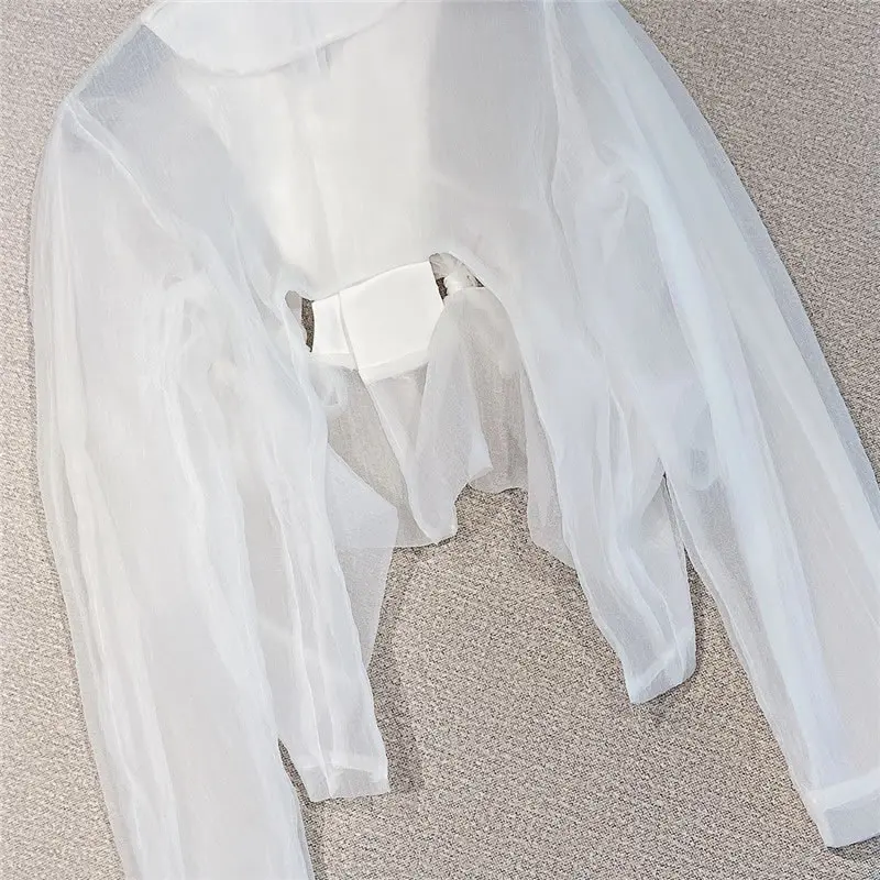 

Asymmetric White Women Shirt Tide Fashion New Style Turn Down Collar Bows Perspective Personality Summer Short Top FS231