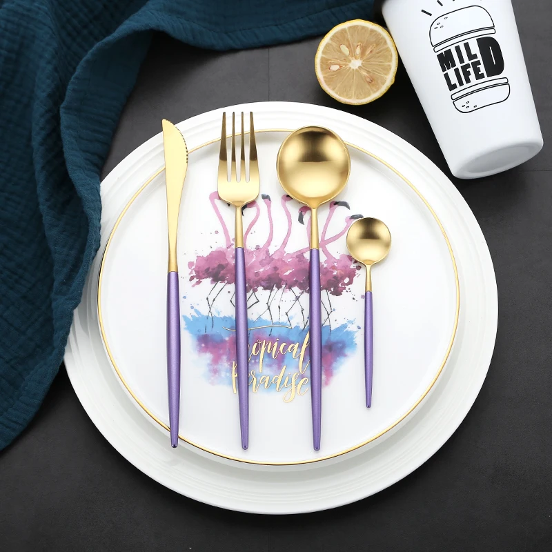 

Dinner Set 304 Stainless Steel Dinnerware Purple Handle Golden Silverware Set Fork Knife Scoops Cutlery Set Home Tableware
